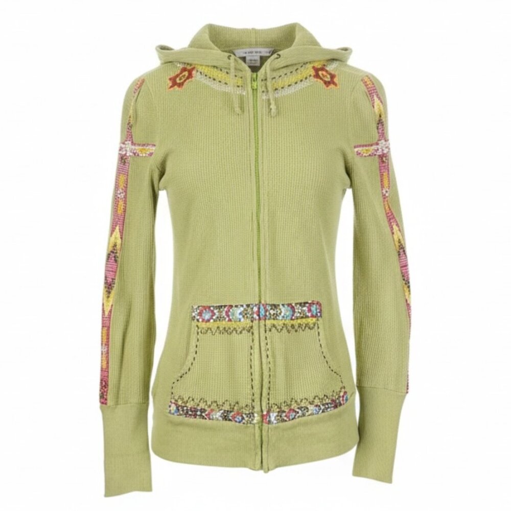 Rare Vintage Free People Native Beaded Thunderbird Aztec Thermal Zip Hoodie Sm
